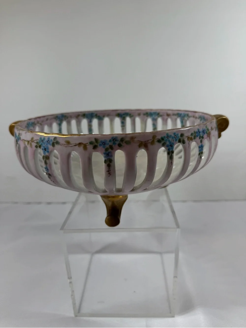 Vintage Reticulated Lattice Footed Fruit Bowl, Dresden-Style, Luster Glaze